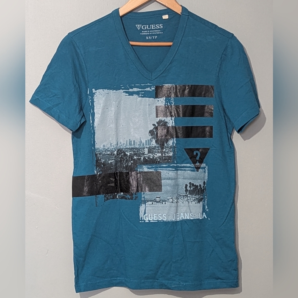 Guess Men's Teal Vintage Casual Graphic Short Sleeve Tee Street Wear